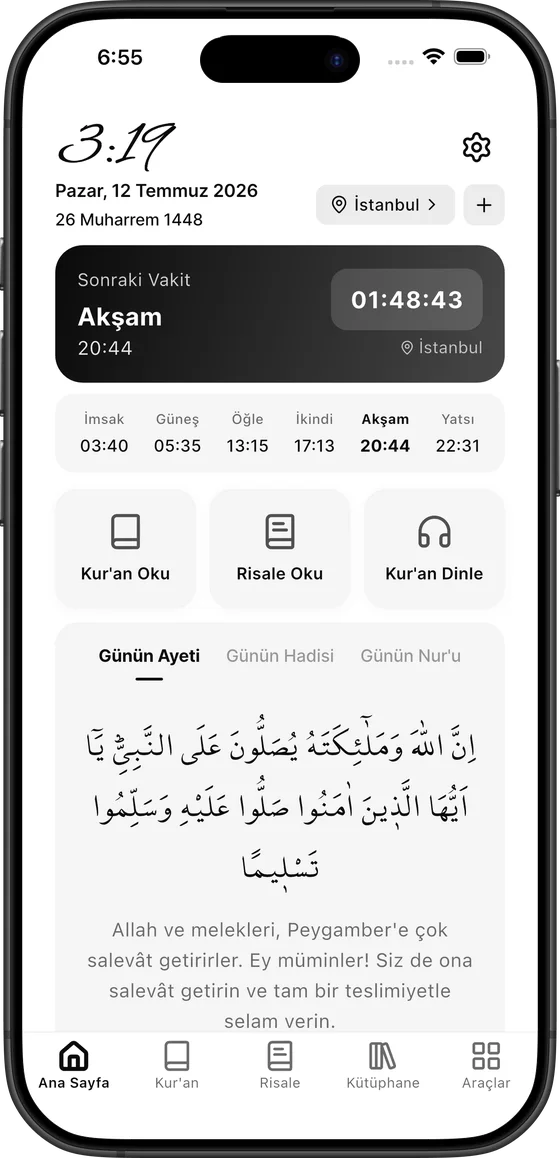 3ondokuz uygulaması ana ekranı — namaz vakitleri ve günün ayeti