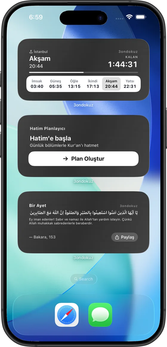 Vakitler ve günün ayeti ana ekranınızda — 3ondokuz ekran görüntüsü